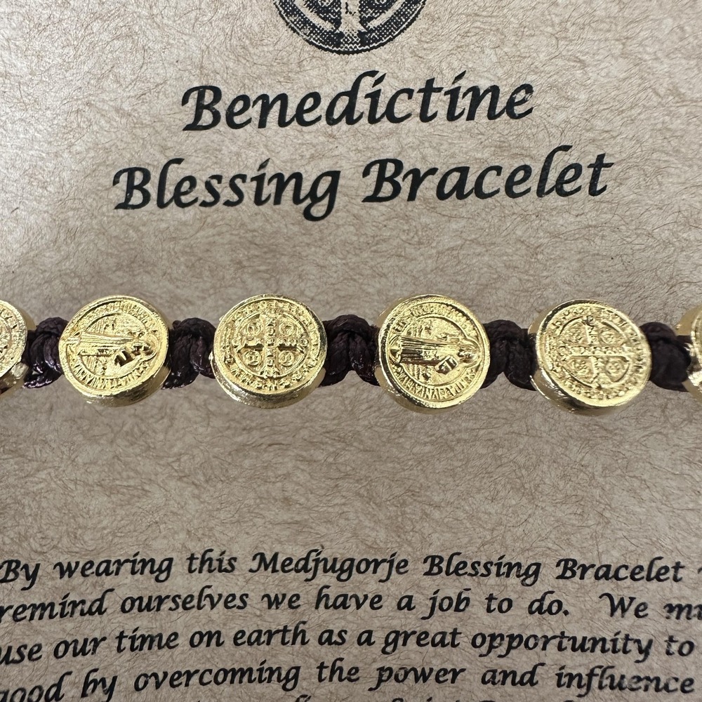Gold Tone Benedictine Saint Blessing Bracelet Unisex Adjustable Cord Religious